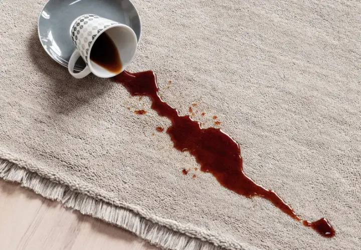 Taza de café volcada sobre una alfombra beige con flecos. Aprende como limpiar los flecos de las alfombras para evitar manchas.
