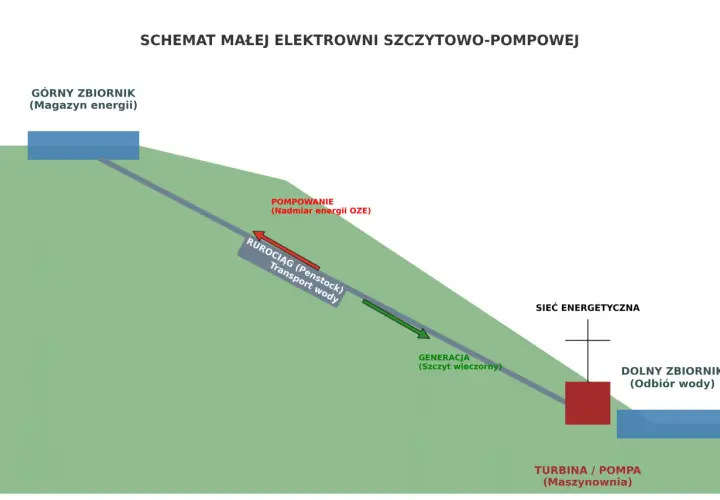 Schemat elektrowni szczytowo-pompowej: górny i dolny zbiornik, rurociąg, turbina/pompa.