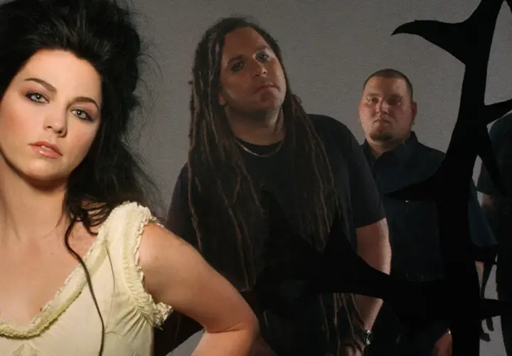 Amy Lee z Evanescence, z jej charakterystyczną fryzurą, wpatruje się w obiektyw. Obok niej stoją członkowie zespołu, gotowi by "bring me to life".