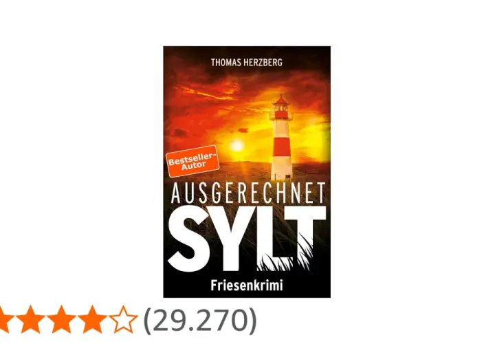 Buchcover "Ausgerechnet Sylt" von Thomas Herzberg. Ein Leuchtturm bei Sonnenuntergang. Hannah Lambert ermittelt auf Sylt.