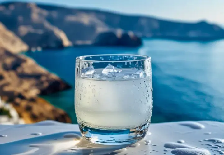 Szklanka orzeźwiającego ouzo z lodem na tle greckiego wybrzeża. Zastanawiasz się, ouzo ile ma procent? Zazwyczaj 40-50%.