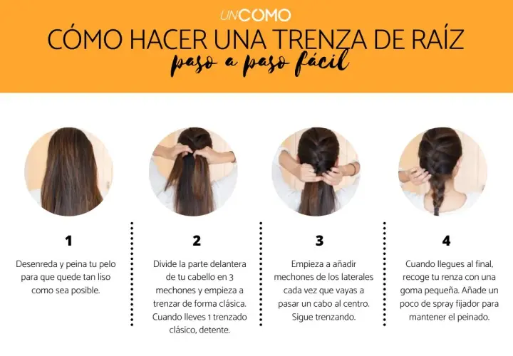 Tutorial paso a paso para hacer una trenza de raíz. Muestra cómo dividir el cabello, trenzar y añadir mechones.