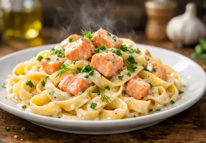 Assiette de tagliatelles crémeuses parsemées de morceaux de saumon rose, garnie de persil frais et d'aneth. Un plat appétissant de tagliatelles au saumon fumant.