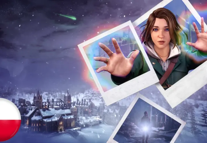 Zdjęcia z gry Life is Strange, z polską flagą i zimową scenerią.