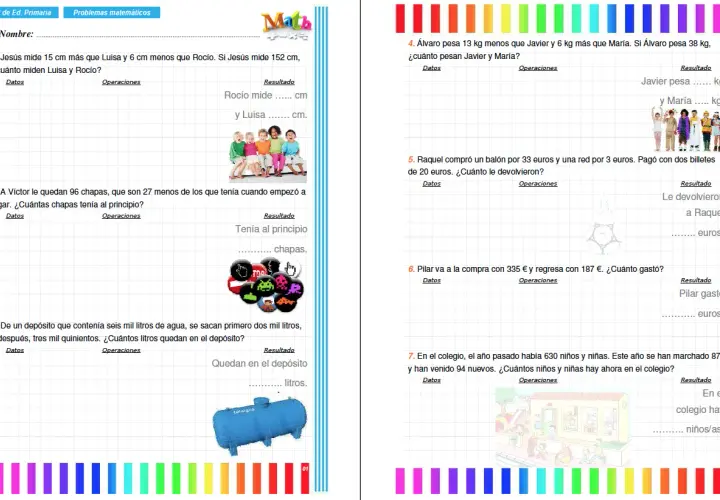 Problemas matemáticos de 5º primaria con ejercicios de cálculo y lógica. Incluye imágenes de niños, un depósito y chapas.