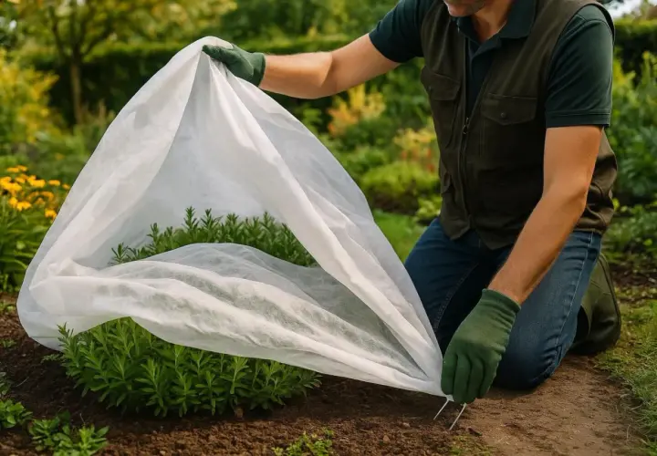 Un jardinier installe une housse de protection pour plantes d'hiver sur un arbuste vert.