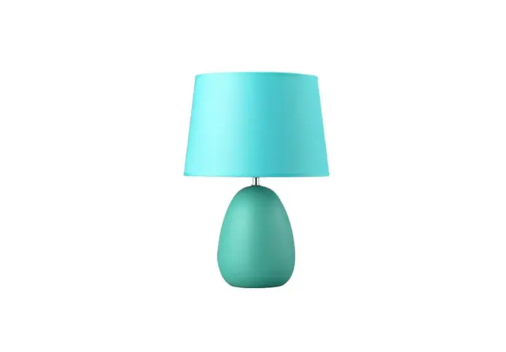 Lámpara turquesa con base en forma de huevo y pantalla cónica.