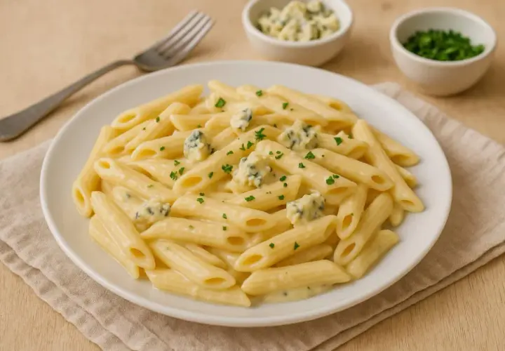 Penne w kremowym sosie z gorgonzolą i mascarpone, posypane natką pietruszki. Idealne danie dla miłośników serowych smaków.