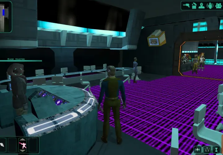 Postacie w grze Star Wars: Knights of the Old Republic II, z widocznym interfejsem i menu, sugerujące kotor 2 spolszczenie.
