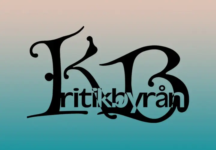 Svart text med "KB" och "ritikbyrån" mot en gradientbakgrund. En logotyp som visar vad som måste bra satir ha.