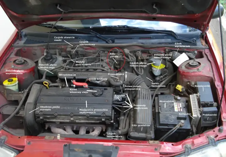 Silnik Toyota Yaris 1.3 benzyna. Czerwonym kółkiem zaznaczono filtr paliwa.