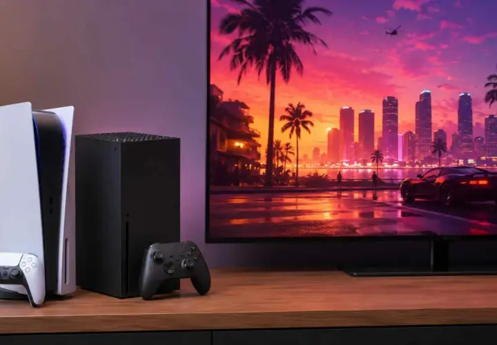 Konsola PS5 i Xbox Series X obok telewizora z widokiem na miasto i samochód, jak z gry GTA 6.
