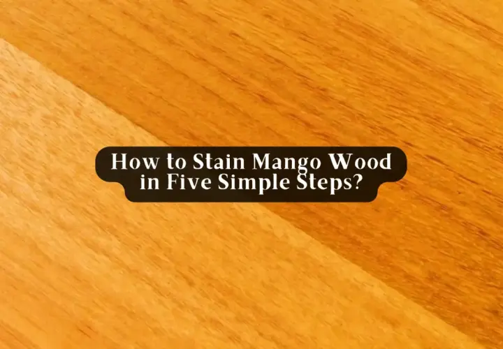 Close-up of a wooden surface, showing how to stain mango wood. The grain is visible, with a darker section on the left.