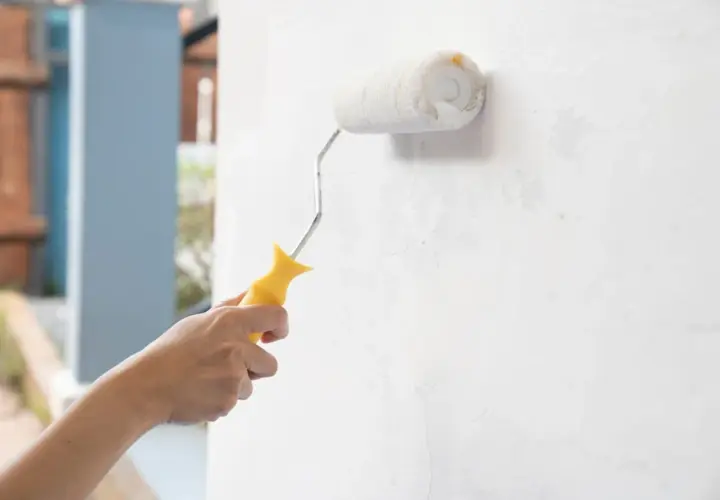Mano pinta pared interior con rodillo. ¿Qué pasa si pinto con pintura de exterior en interior?