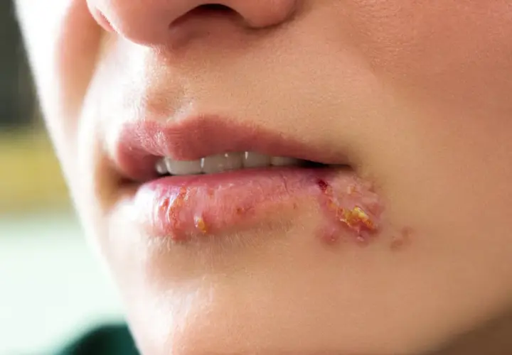 Gros plan sur une bouche avec une cloque sur la lèvre inférieure, montrant des lésions rouges et croûteuses.