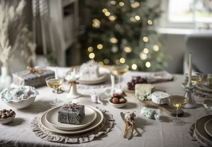 Elegant Christmas tablescape ideas: a festive table set with gifts, cheese, grapes, and champagne, with a blurred Christmas tree in the background.