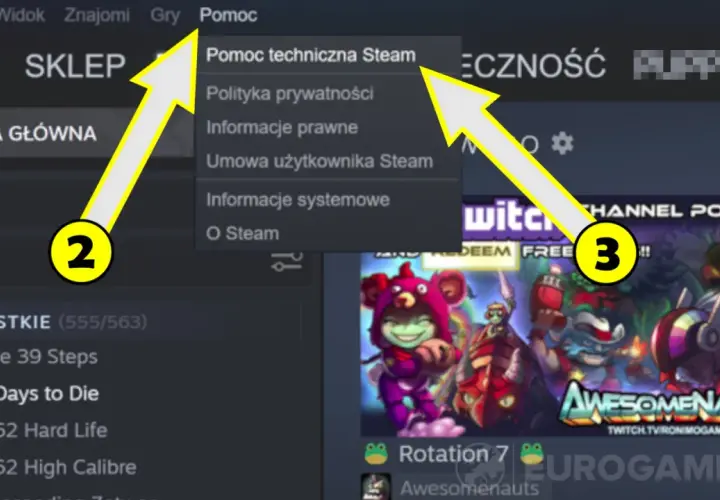 Szukasz informacji, kiedy możesz zwrócić grę na Steam? Kliknij "Pomoc", a następnie "Pomoc techniczna Steam".