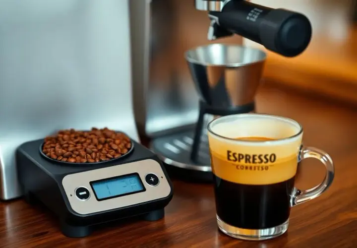 Waga pokazuje 18g ziaren kawy, idealna ilość na filiżankę espresso. Obok stoi szklanka z aromatycznym napojem.
