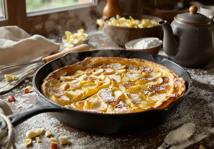 Un matefaim de grand-mère aux pommes, tout juste sorti du four, saupoudré de sucre glace. Une gourmandise réconfortante.