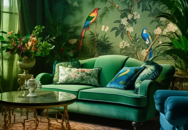 Ekskluzywny salon w stylu secesja. Zielona sofa, tapeta z ptakami i kwiatami, marmurowy stolik.