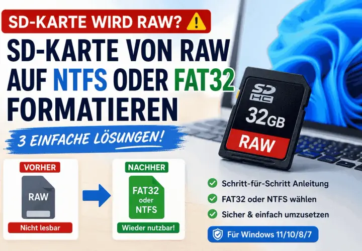 SD-Karte im RAW-Format? So formatieren Sie sie auf NTFS oder FAT32. Anleitung für Windows.