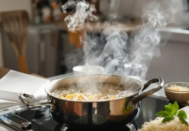 Para podgrzać makaron z sosem, gotuj go w garnku na kuchence indukcyjnej. Para unosi się nad gotującym się makaronem.