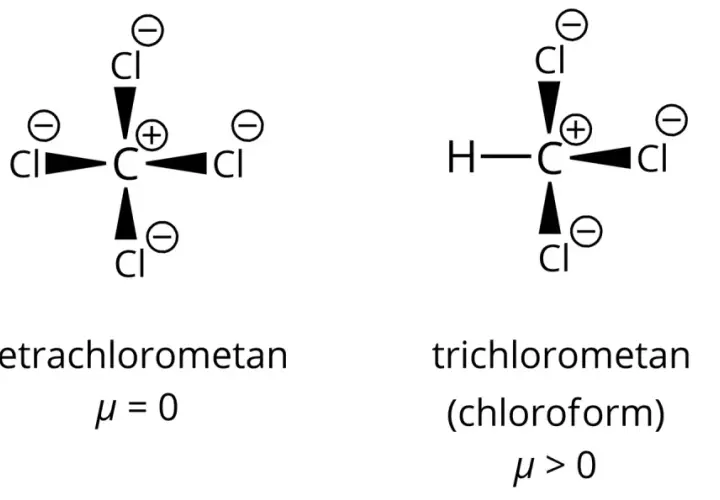 Dwa modele cząsteczek: tetrachlorometan z czterema ramionami chloru i chloroform z jednym ramieniem wodoru i trzema ramionami chloru.
