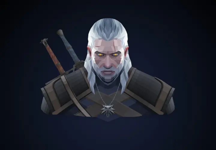 Geralt z Rivii, bohater pierwszej części Wiedźmina, z wilczym medalionem i dwoma mieczami na plecach, patrzy groźnie.