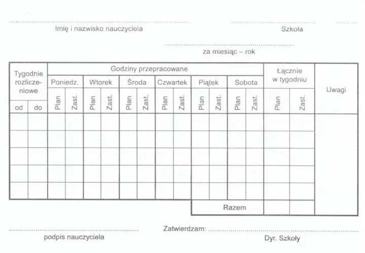Formularz do rozliczania pensum nauczyciela, z polami na wpisanie godzin pracy w poszczególne dni tygodnia, podsumowanie i uwagi.