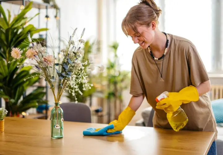 Joven sonríe mientras aprende como limpiar el polvo de los muebles con spray y paño azul.
