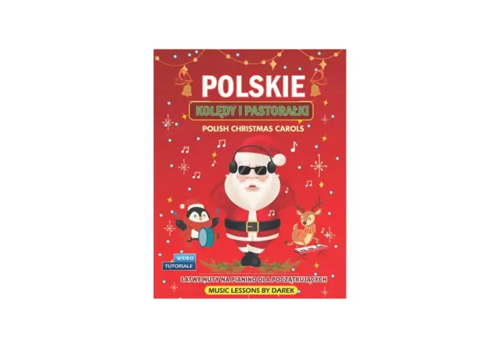 Okładka z Mikołajem, pingwinem i reniferem, promująca najpopularniejsze polskie kolędy i pastorałki na pianino dla początkujących.
