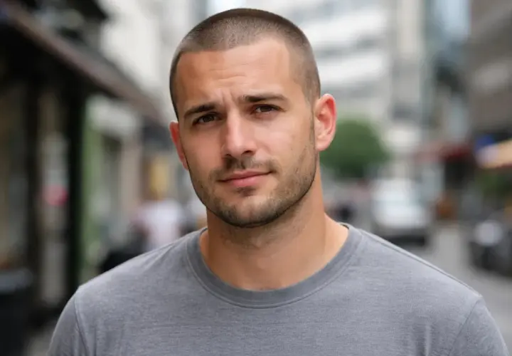 Hombre joven con buzz cut con entradas, barba corta y camiseta gris, mirando a la cámara en una calle urbana.