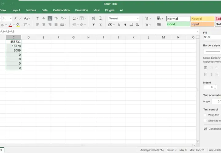 Schermata di Excel che mostra come copiare un file Excel. Celle con numeri e una formula visibile.