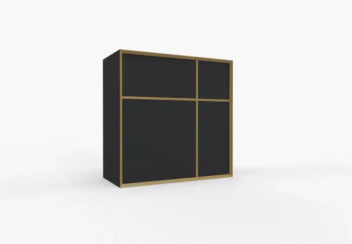 Ein moderner Vertiko mit dunklen Fronten und Holzrahmen. Dieses Möbelstück ist ein praktischer Blickfang.