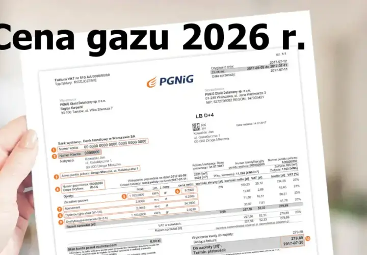Faktura za gaz z 2026 r. pokazuje miesięczne zużycie gazu, podsumowując koszty i VAT.
