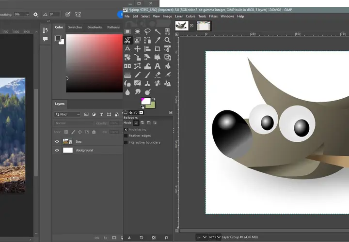 Porównanie interfejsów GIMP i Photoshop. Na ekranie widać zdjęcie psa w górach, a obok logo GIMP z pędzlem.