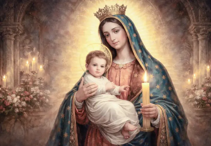 Virgen María con el Niño Jesús, coronada y rodeada de luz. Sostiene una vela, un verdadero santo de candela, en un ambiente de devoción.