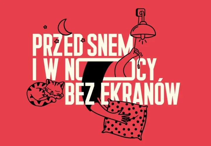 Śpiący kotek i poduszka, ręka gasi lampkę. Pomysły na challenge dla dzieci: przed snem i w nocy bez ekranów.