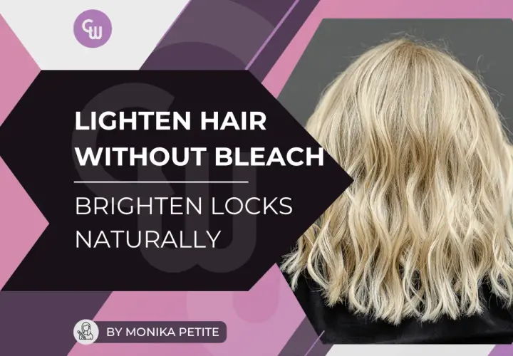 Aprende cómo aclarar el pelo teñido dos tonos de forma natural. Cabello rubio ondulado y texto "Lighten Hair Without Bleach".