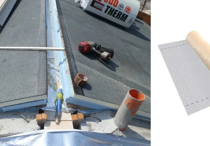 Installazione di una barriera al vapore su un tetto, con rotolo di materiale isolante pronto all'uso.