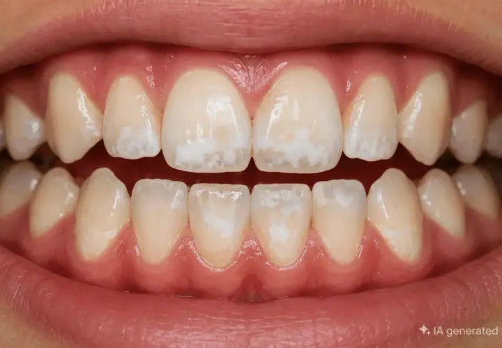 Dientes con manchas blancas y opacas, indicando esmalte dental dañado.