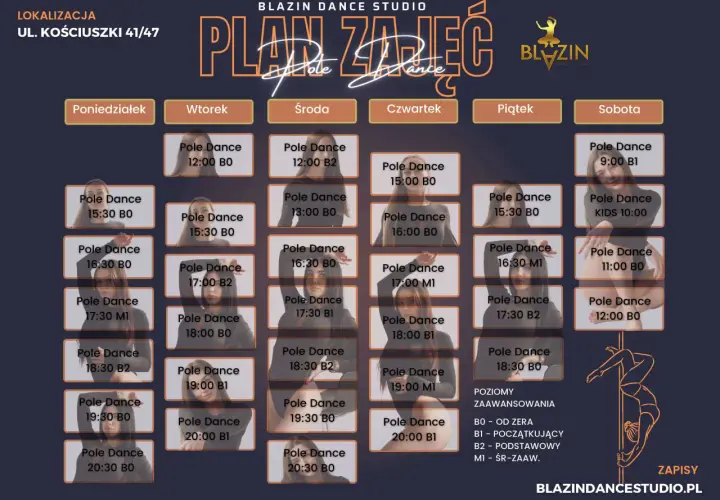 Grafika przedstawia plan zajęć pole dance w Blazin Dance Studio. Zajęcia odbywają się od poniedziałku do soboty, z podziałem na poziomy zaawansowania.