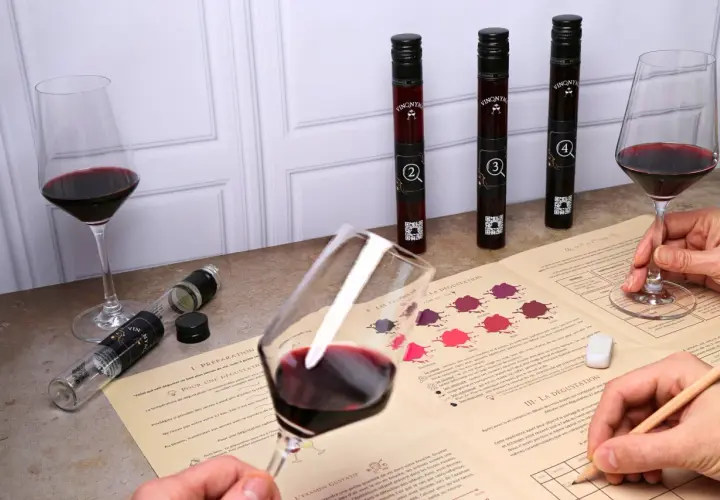 Dégustation vin Touraine : verres de vin rouge, fioles numérotées et guide d'analyse pour une expérience œnologique.
