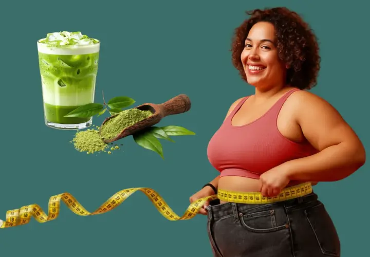 Frau misst ihre Taille mit einem Maßband, neben einem Glas Matcha-Eisgetränk und einem Löffel Matcha-Pulver. Matcha zum Abnehmen kann helfen!