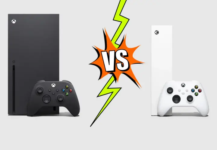 Czarny Xbox Series X i biały Xbox Series S obok siebie, z grafiką VS pośrodku. Który wybierzesz?