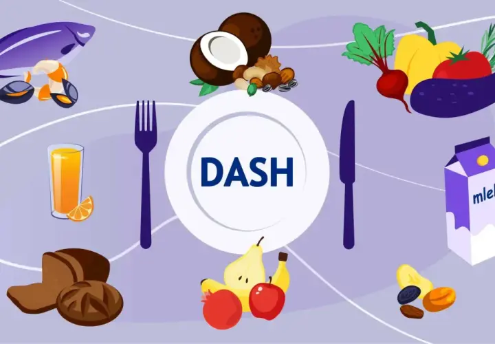 Dieta DASH to zdrowy sposób odżywiania, który pomaga obniżyć za duże ciśnienie w instalacji co. Na ilustracji ryba, warzywa, owoce, nabiał, orzechy i oliwa.