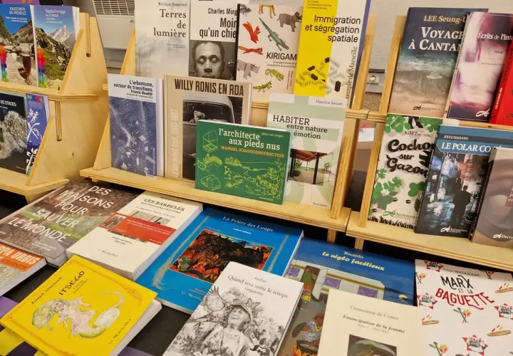 Exposition de livres, dont des titres de **les plus grandes maisons d'édition françaises**, sur des étagères en bois.