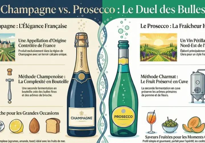 Champagne vs. Prosecco : duel de bulles. Le Champagne, élégance française, méthode champenoise. Le Prosecco, fraîcheur italienne, méthode Charmat.