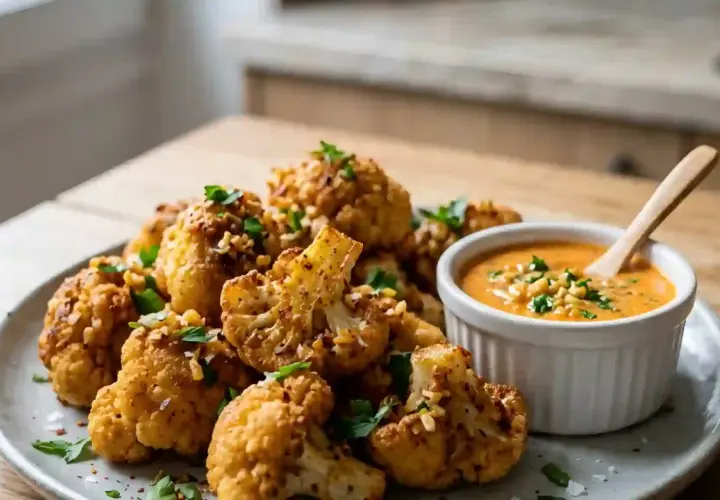 Chou fleur frit croustillant, parsemé d'herbes fraîches et servi avec une sauce crémeuse. Un délice à partager !