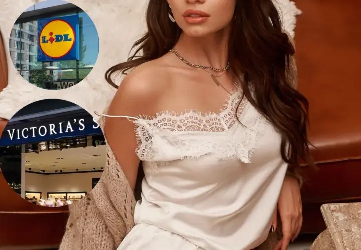 Kobieta w satynowej piżamie z koronką, obok loga Lidl i Victoria's Secret.